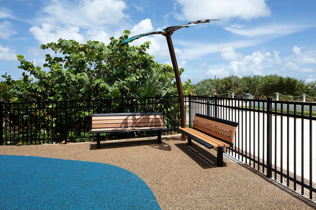 Altos Del Mar Park-FL-Site Amenities-Arches Recycled Bench-Palm Tree Shade-EFR0131XX-View 1-web