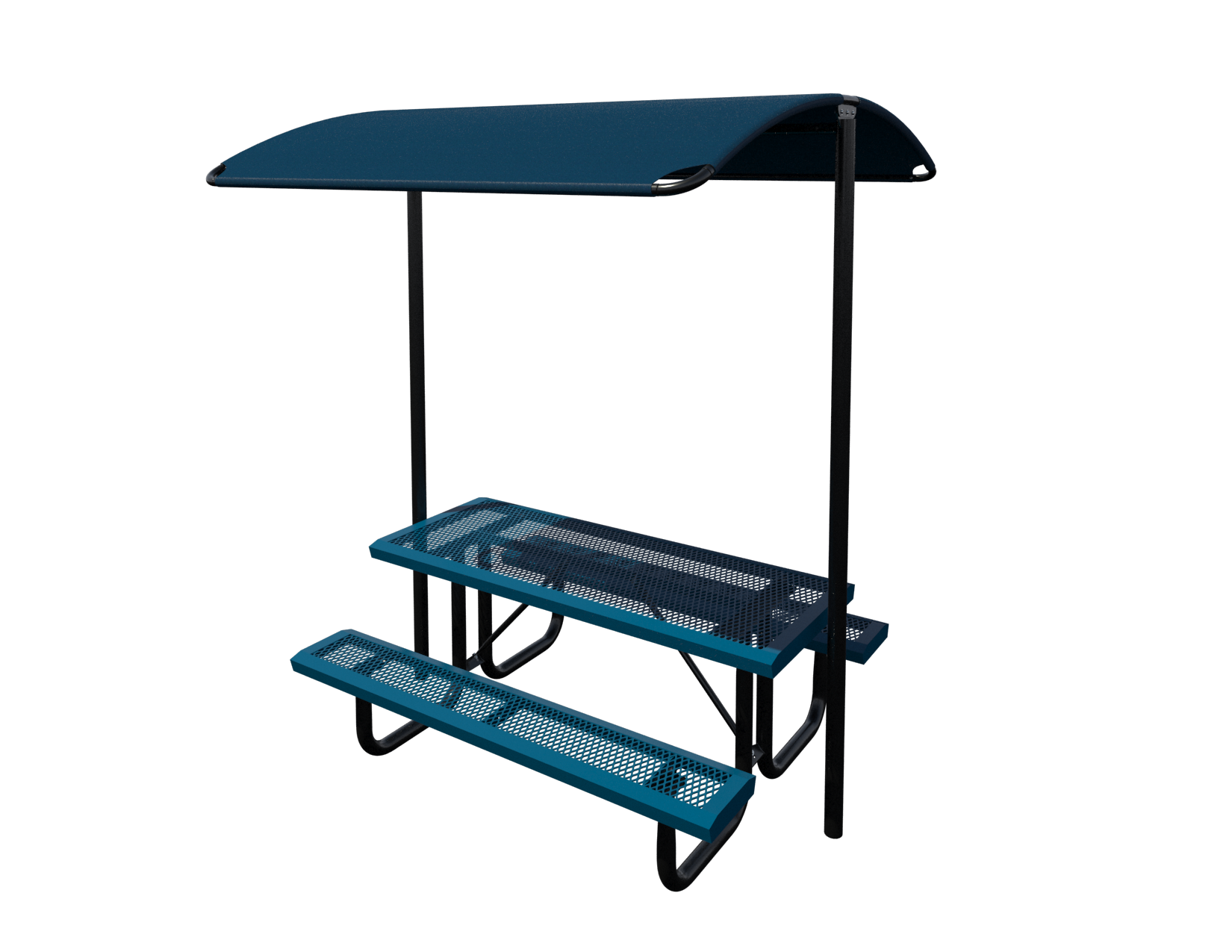 blue picnic table with a shade covering