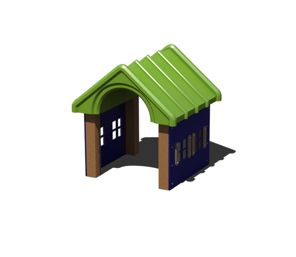Dog house with green roof and brown walls